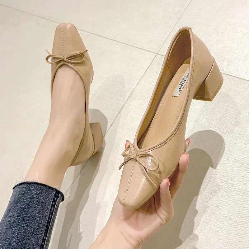 Ddbos Bow Ballet High Heels Shoes Woman Basic Pumps Fashion  Round Bow Work Shoe Fashion Party Women Shoes Pump zapatos de mujer