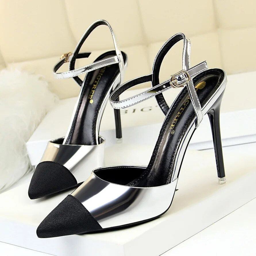 Ddbos Women 11cm High Heels Sandals Lady Metallic Gray Stripper Ankle Strap Cap Toe Sandles Wedding Fetish Nightclub Gold Office Shoes