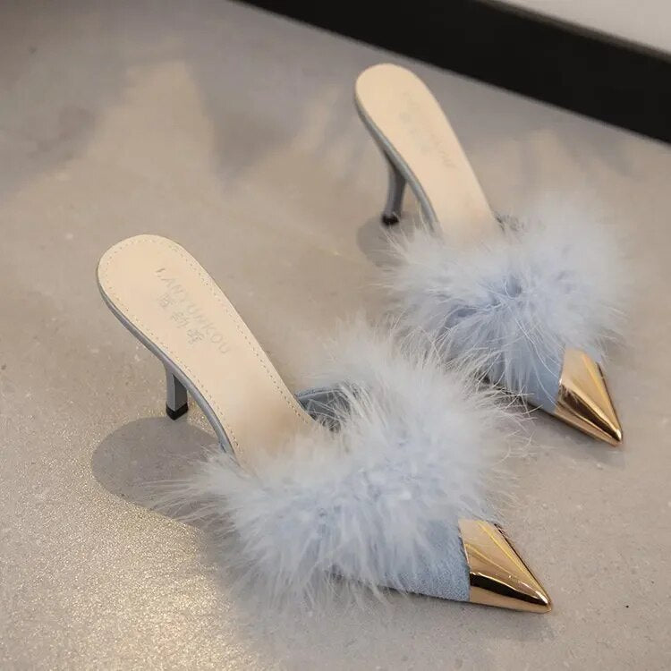 Ddbos Summer Women Pump Feather Heels Fashion Simple Wind Mule Slippers Women's Slide Stiletto Heels Shoes for Women Heels