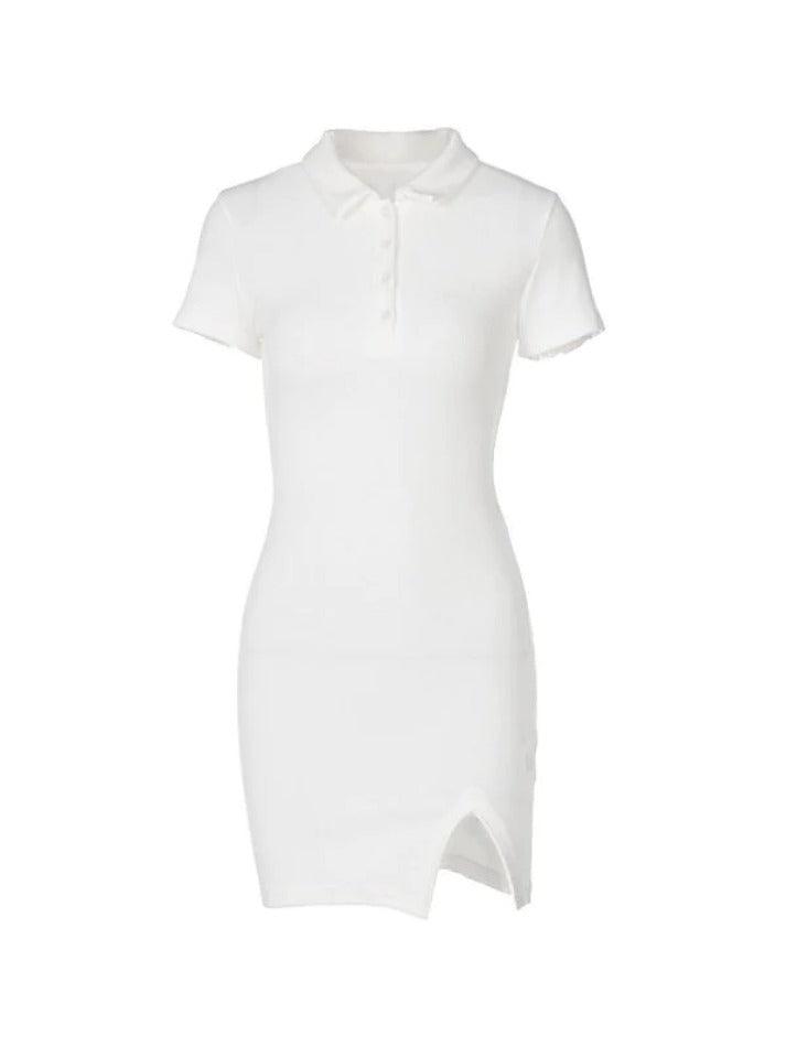 Ddbos - Ribbed Short Sleeve Slit Mini Dress