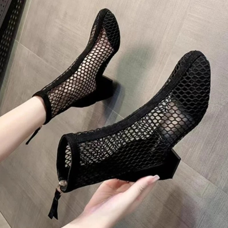 Ddbos New Air Mesh Net Bling Women Shoes Summer Ankle Boots Thin High Heels Sexy Sandal Chelsea Boots Female