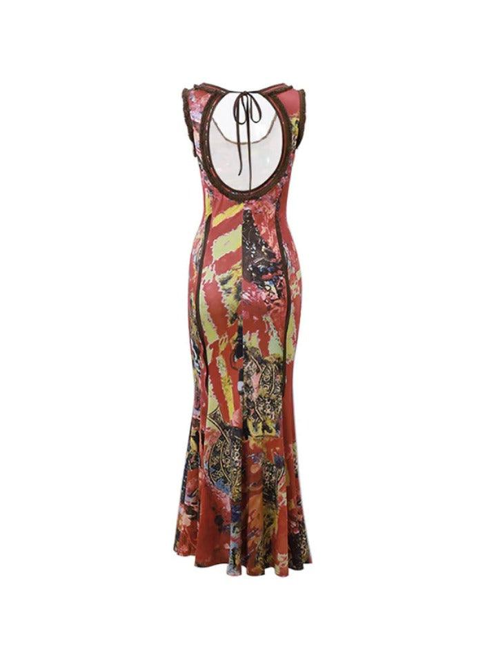 Ddbos - Vintage Random Print U Neck Backless Maxi Dress