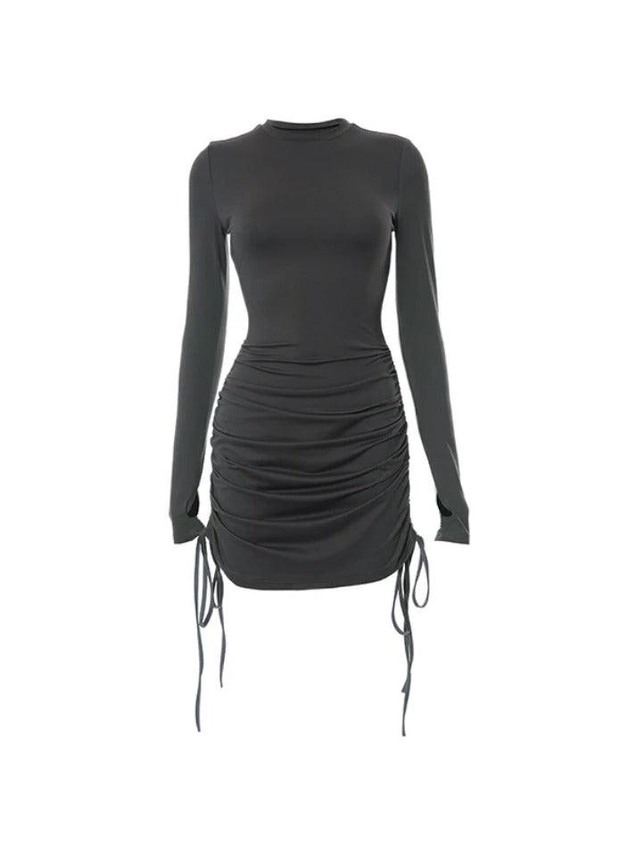 Ddbos - Solid Crew Neck Drawstring Shirred Mini Dress