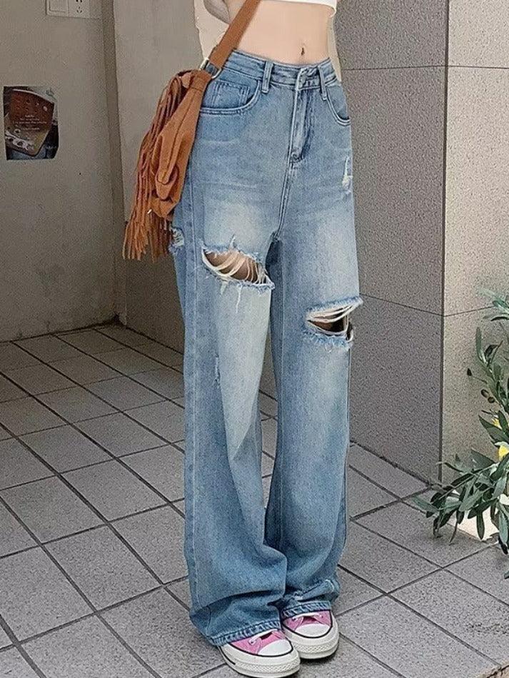 Ddbos - Vintage Wash Loose Ripped Jeans