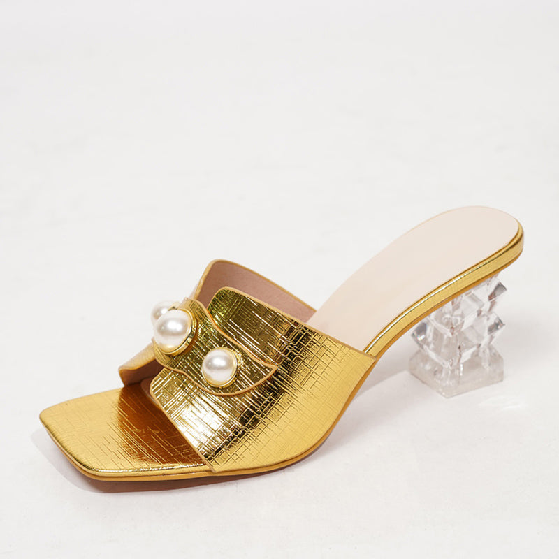 Ddbos 2024 Fashion Chic Transparent Heels Slippers For Women Pearl Leather Square Toe Summer Sandals Female Shoes Mules Slides