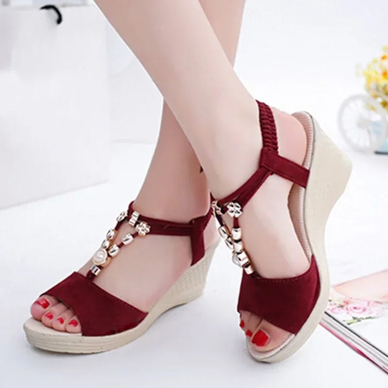 Summer Ladies Platform Wedge Sandals with Rhinestone Red Beige Casual Comfortable Slope Heel Open Toe Shoes Women's Luxury