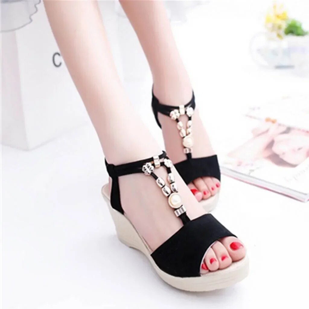 Ddbos Summer Ladies Platform Wedge Sandals with Rhinestone Red Beige Casual Comfortable Slope Heel Open Toe Shoes Women's Luxury