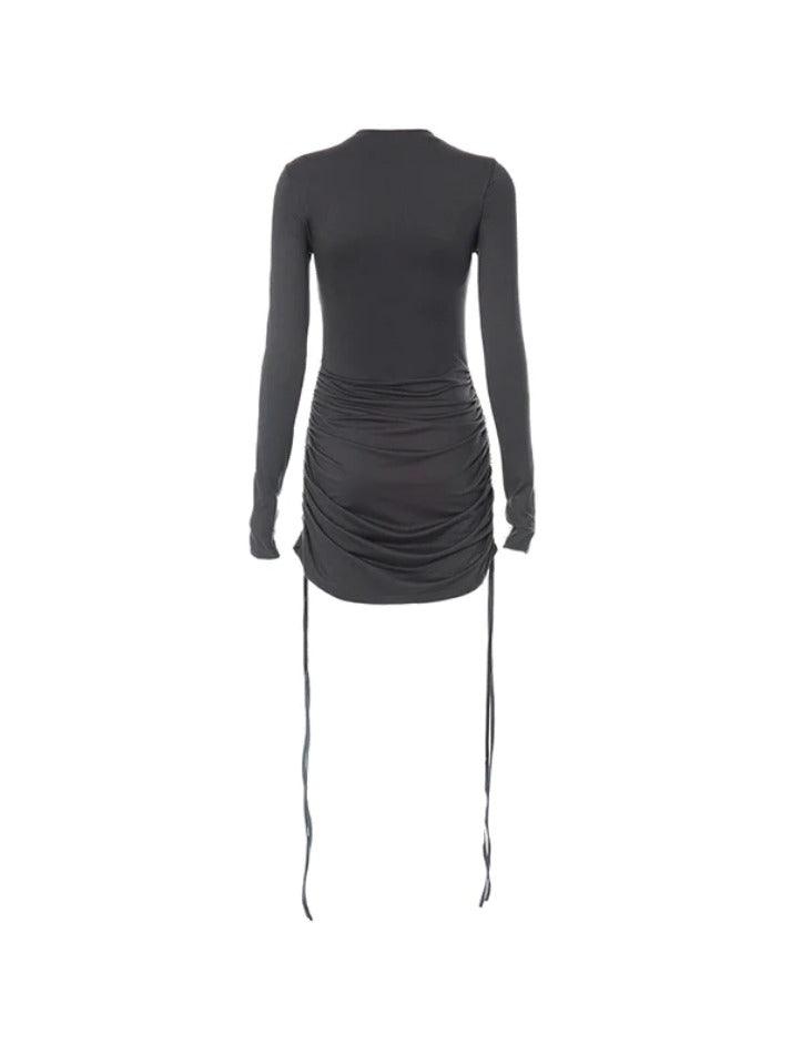 Ddbos - Solid Crew Neck Drawstring Shirred Mini Dress