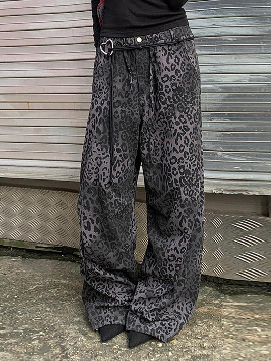 Ddbos - Vintage Leopard Print Wide-Leg Straight Pants