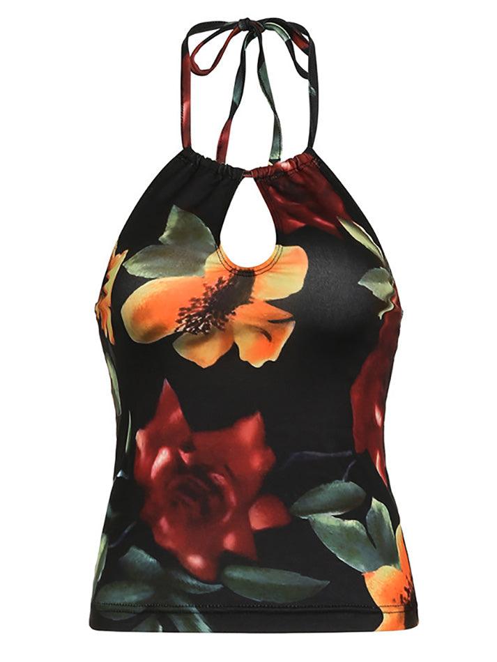 Ddbos - Halter-Neck Floral Print Cut-Out Slim-Fit Crop Cami Top