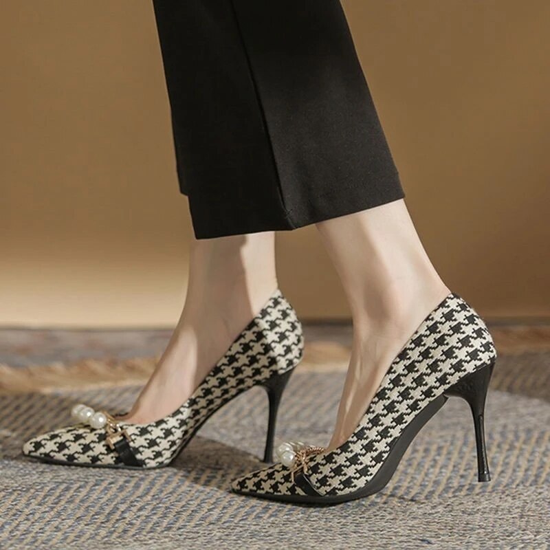 Ddbos Plus Size 41 Woman Pumps Pointed Toe Pearls Chain High Heels Dress Shoes Houndstooth Stilettos Plaid Boat Shoes for Female