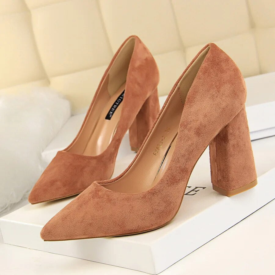 Ddbos Summer Women 8.5cm High Heels Pumps Escarpins Elegant Sweet Lady Wedding Block Square Middle Heels Flock Suede Nightclub Shoes