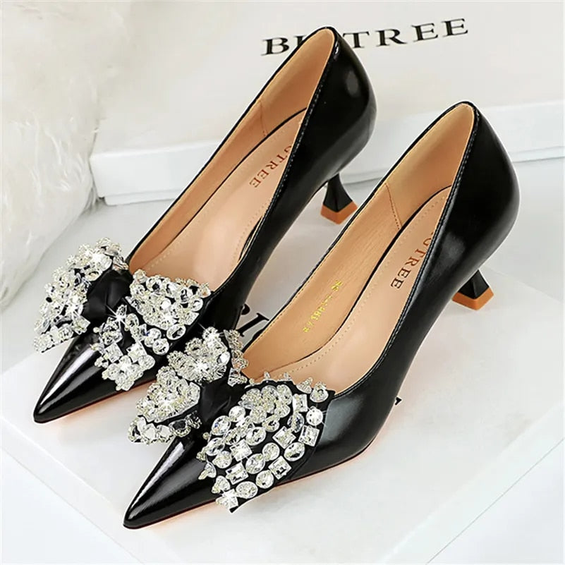 Ddbos Women 5.5cm High Heels Green Pumps Lady Plus Size 34-43 Wedding Middle Low Kitten Heels Bling Crystal Rhinestone Party Bow Shoes