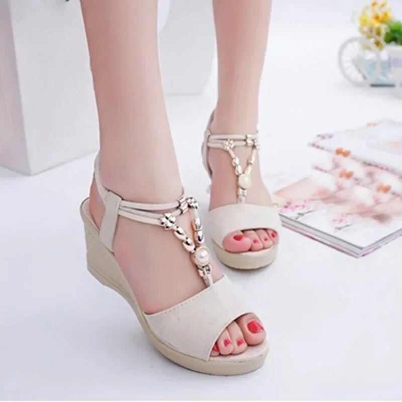 Ddbos Summer Ladies Platform Wedge Sandals with Rhinestone Red Beige Casual Comfortable Slope Heel Open Toe Shoes Women's Luxury