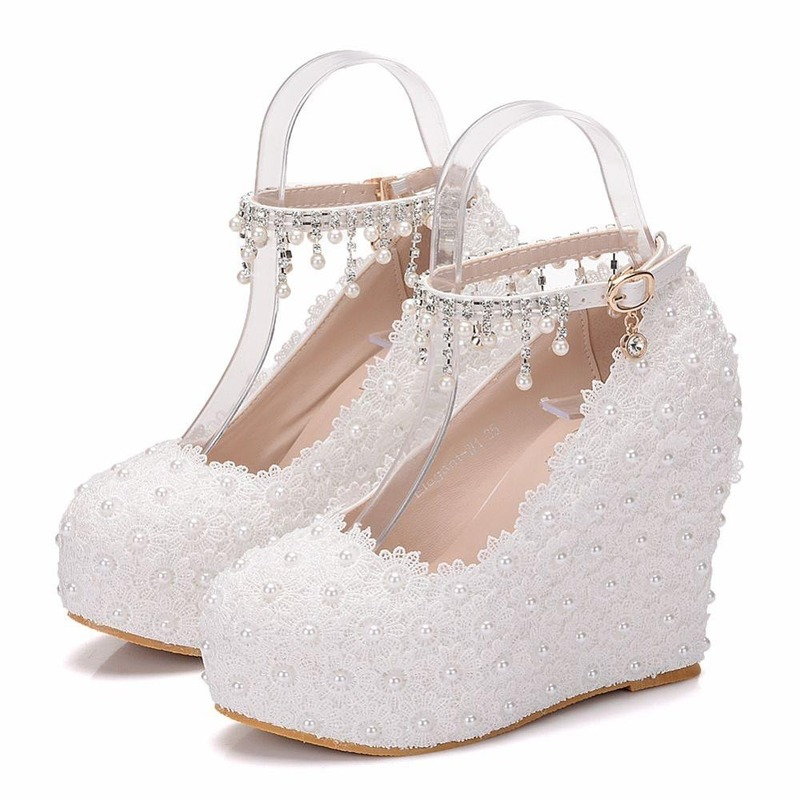 Ddbos Crystal Queen White Wedges Wedding Pumps Sweet White Flower Lace Pearl Platform Pump Shoes Classic Bride Dress High Heeled Lady