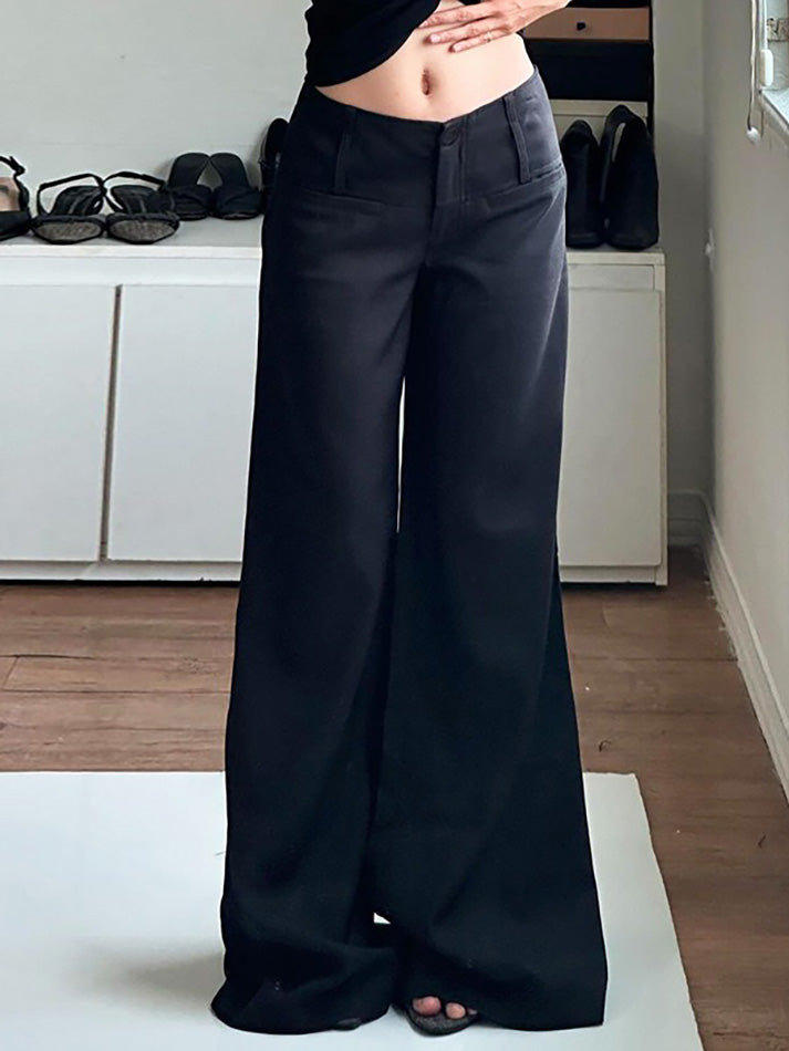 Ddbos - Solid Color Basic Low-Rise Wide-Leg Pants