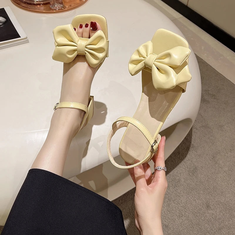 Ddbos Large Solid Color Open-toe Sandals Women Summer New One-line Buckle Fashion Temperament Bow Knot Comfortable Women's Shoes