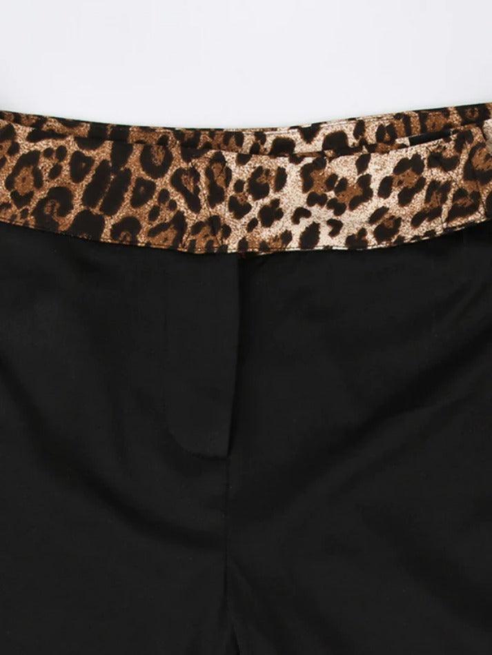 Ddbos - Leopard Splice Elastic Waist Flare Leg Pants