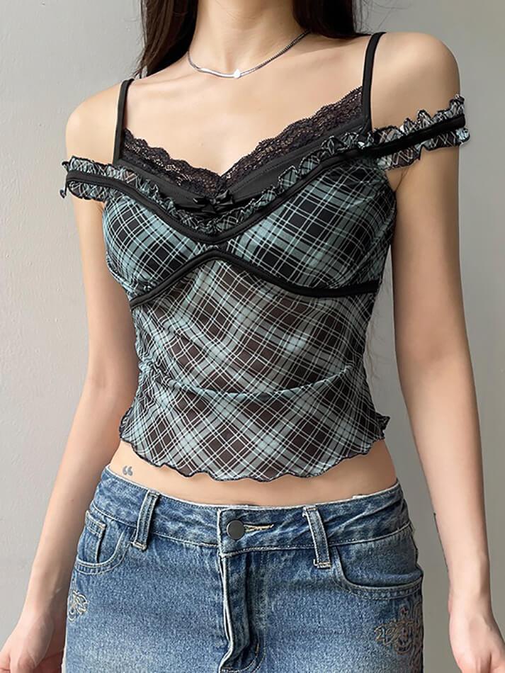 Ddbos - Mock Two Piece Ruffled-Trim Plaid Mesh See-Through Tank Top