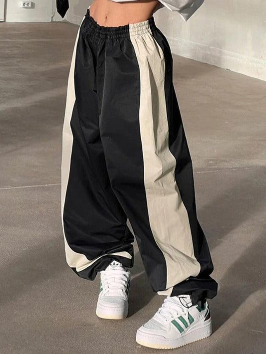 Ddbos - Contrast Splice Drawstring Wide Leg Pants