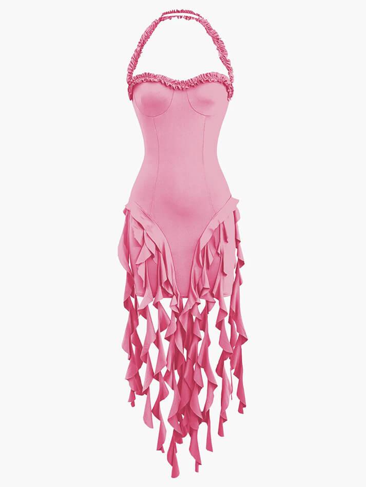 Ddbos - Ruffle Tassel Halter Bustier Mini Dress