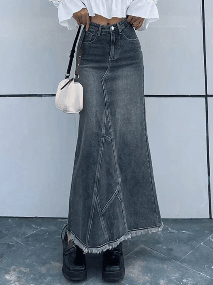 Ddbos - Back Slit Patchwork Long Denim Skirt