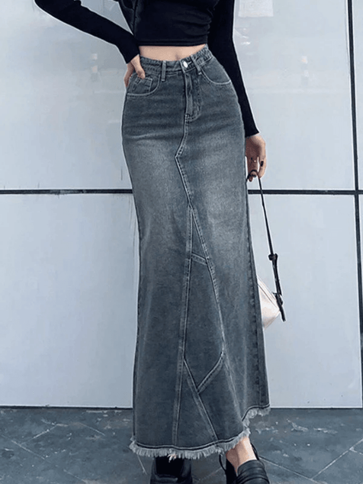 Ddbos - Back Slit Patchwork Long Denim Skirt