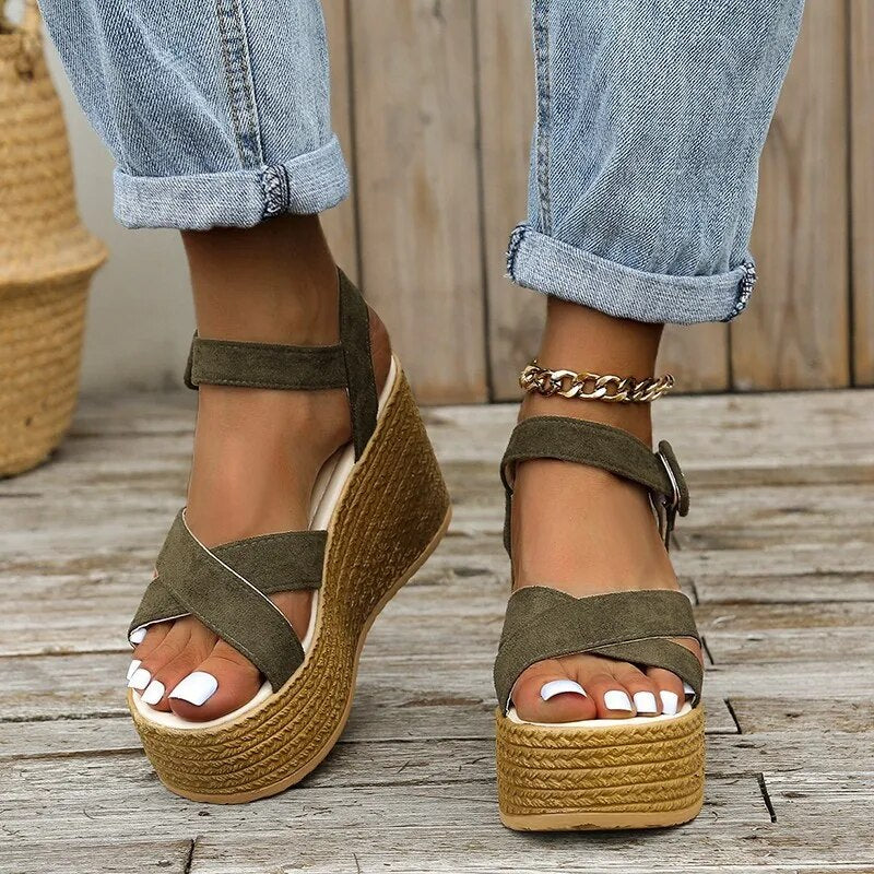 Ddbos Fashion Wedge Sandals for Women Summer Non-slip Peep Toe Platform Shoes Rubber Sole Buckle Elegant Heel Woman Sandale