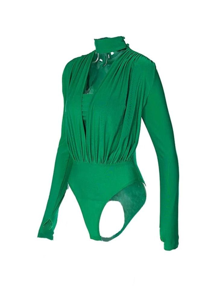 Ddbos - Solid Plunge Neck Splice Thumb Hole Bodysuits