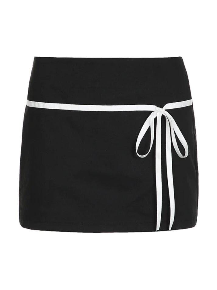 Ddbos - Contrast Tie Up Bow Splice Low Rise Mini Skirt