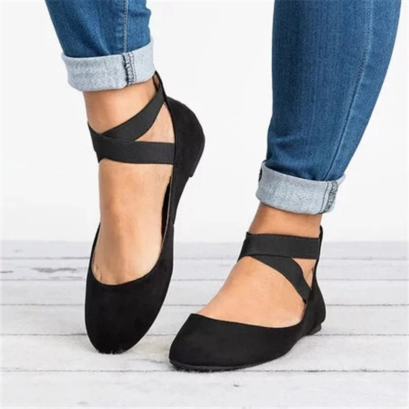 Ddbos Plus Size 35-43 Women Ballet Flats Summer Casual Flat Shoes Solid Flock Zip Shallow Elastic Band Ladies Ankle Wrap Footwear