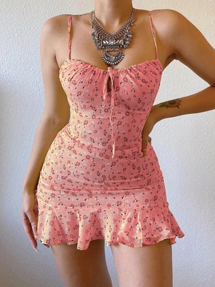 Ddbos - Floral Suspender Chest With Cutout Mini Dress