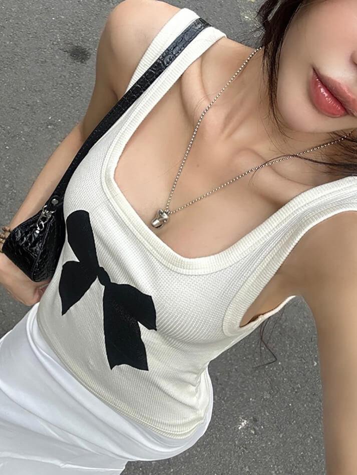 Ddbos - Bow Print Ribbed Tank Top