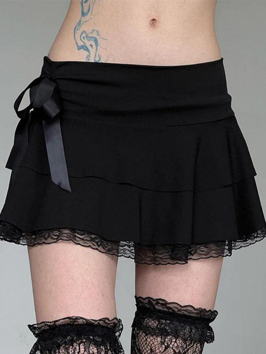 Ddbos - Bow Lace Splice Low Rise Tiered Mini Skirt