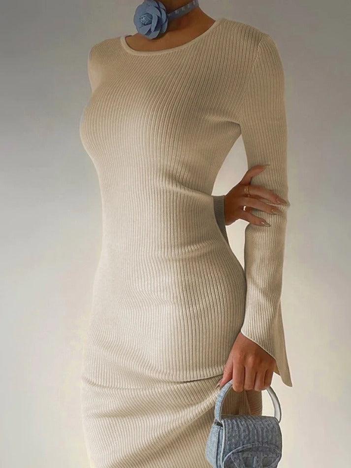 Ddbos - Solid Backless Crew Neck Long Sleeve Knit Midi Dress