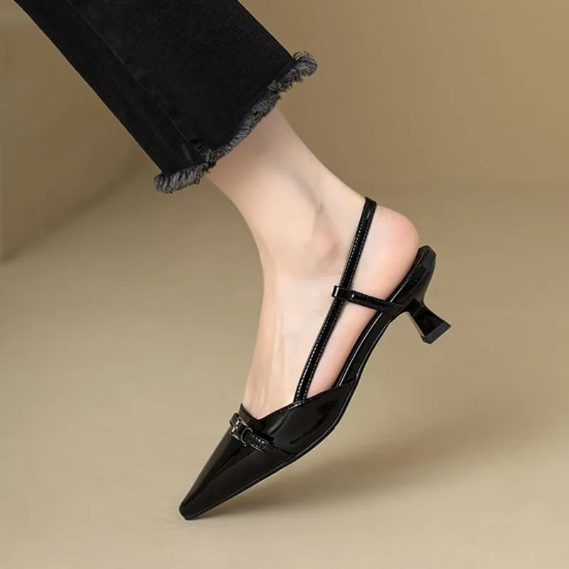 Ddbos New Summer Women's Dress Shoes Pointed Toe Sandals Buckle Slingbacks Mid Heels Pumps Patent Leather Slip on  Zapatos Mujer