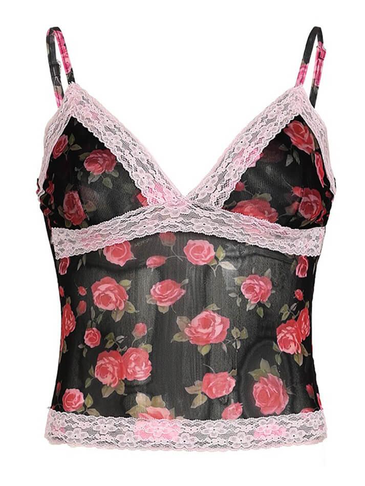 Ddbos - Rose Printed Lace Patchwork Mesh Cami Top