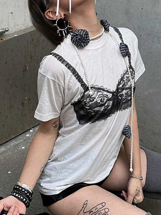 Ddbos - Contrast Lace Sheer Corset Printed Tee