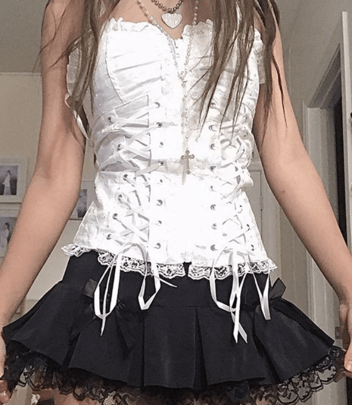 Bow Lace Paneled Pleated Mini Skirt