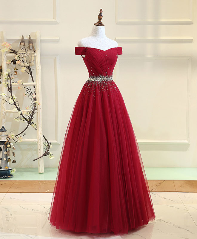 Ddbos Burgundy Tulle Off Shoulder Long Prom Dress, Burgundy Evening Dress