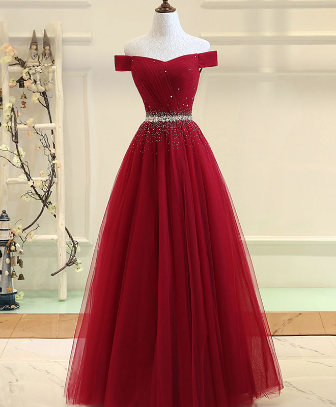 Ddbos Burgundy Tulle Off Shoulder Long Prom Dress, Burgundy Evening Dress