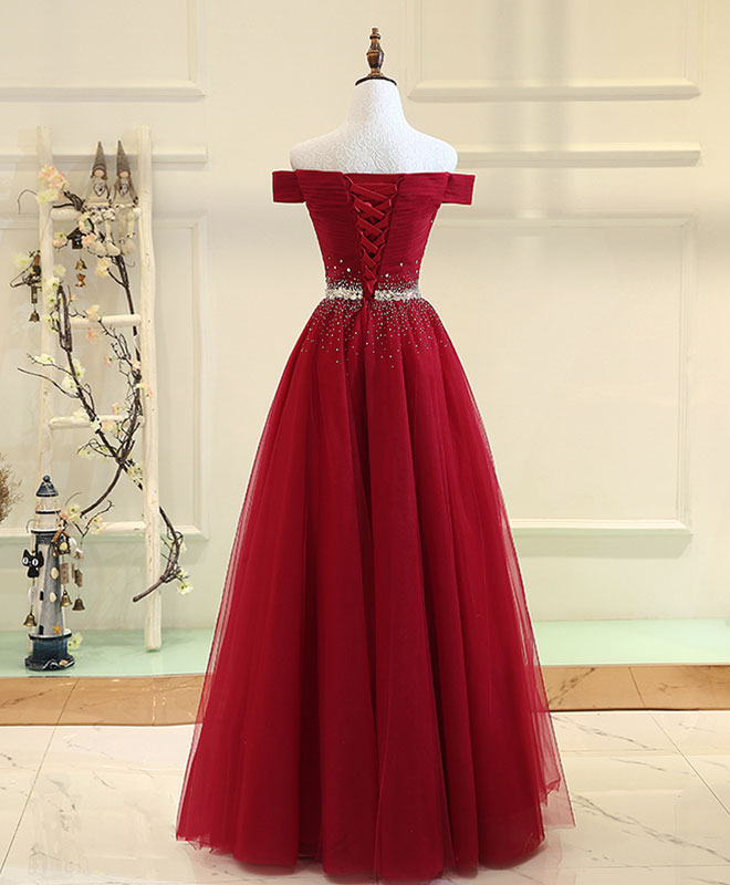 Ddbos Burgundy Tulle Off Shoulder Long Prom Dress, Burgundy Evening Dress