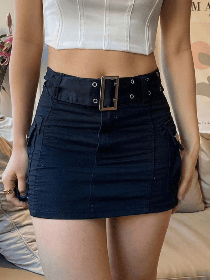 Ddbos - Buckle Belt Denim Cargo Mini Skirt