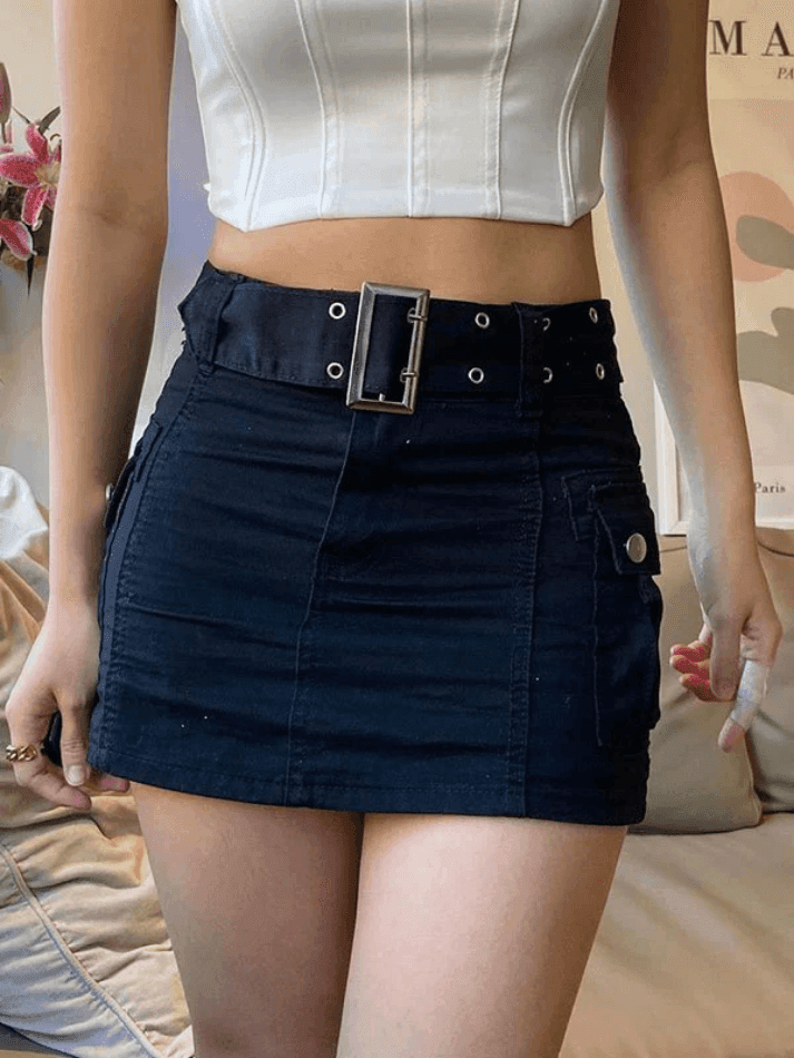 Ddbos - Buckle Belt Denim Cargo Mini Skirt