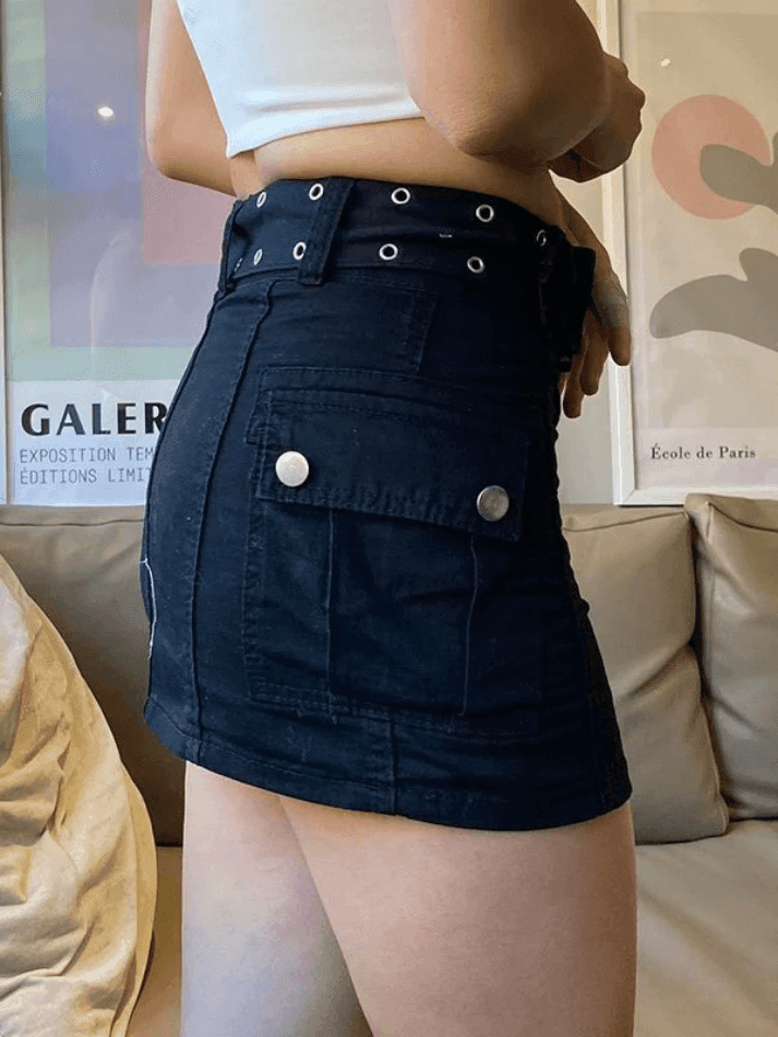 Ddbos - Buckle Belt Denim Cargo Mini Skirt