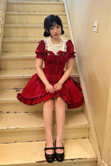 Ddbos - Wine Red Annie's Gift Short Sleeves Bowknot Short Version Sweet Lolita Dress (Plus Size Support)