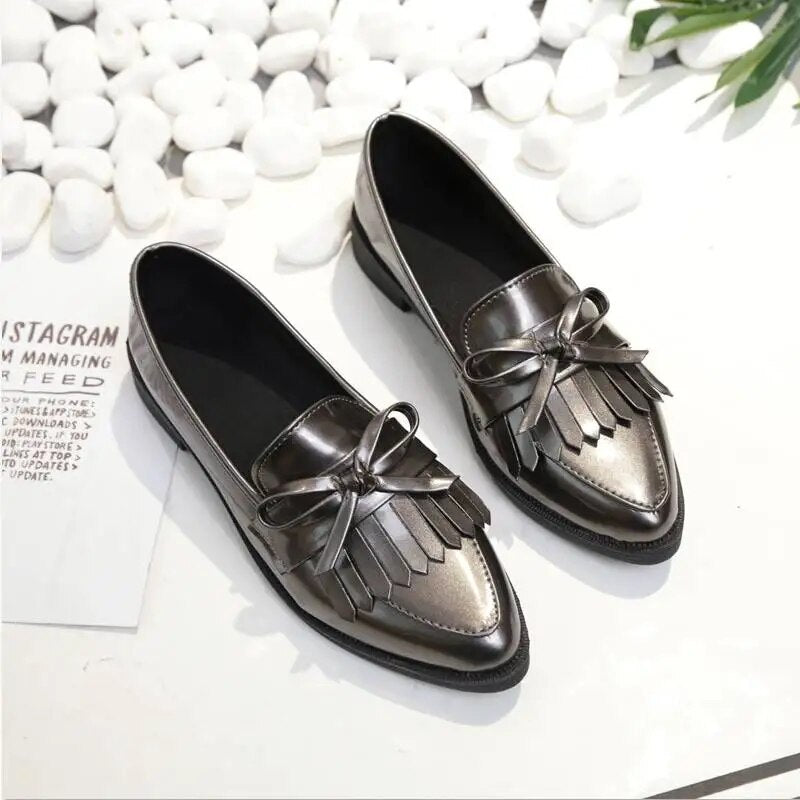 Ddbos Spring Brand Shoes Woman Casual Tassel Bow Pointed Toe Black Oxford Shoes for Women Flats Comfortable Slip on Women Shoes