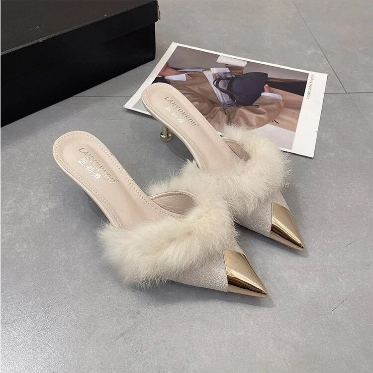 Ddbos Summer Women Pump Feather Heels Fashion Simple Wind Mule Slippers Women's Slide Stiletto Heels Shoes for Women Heels