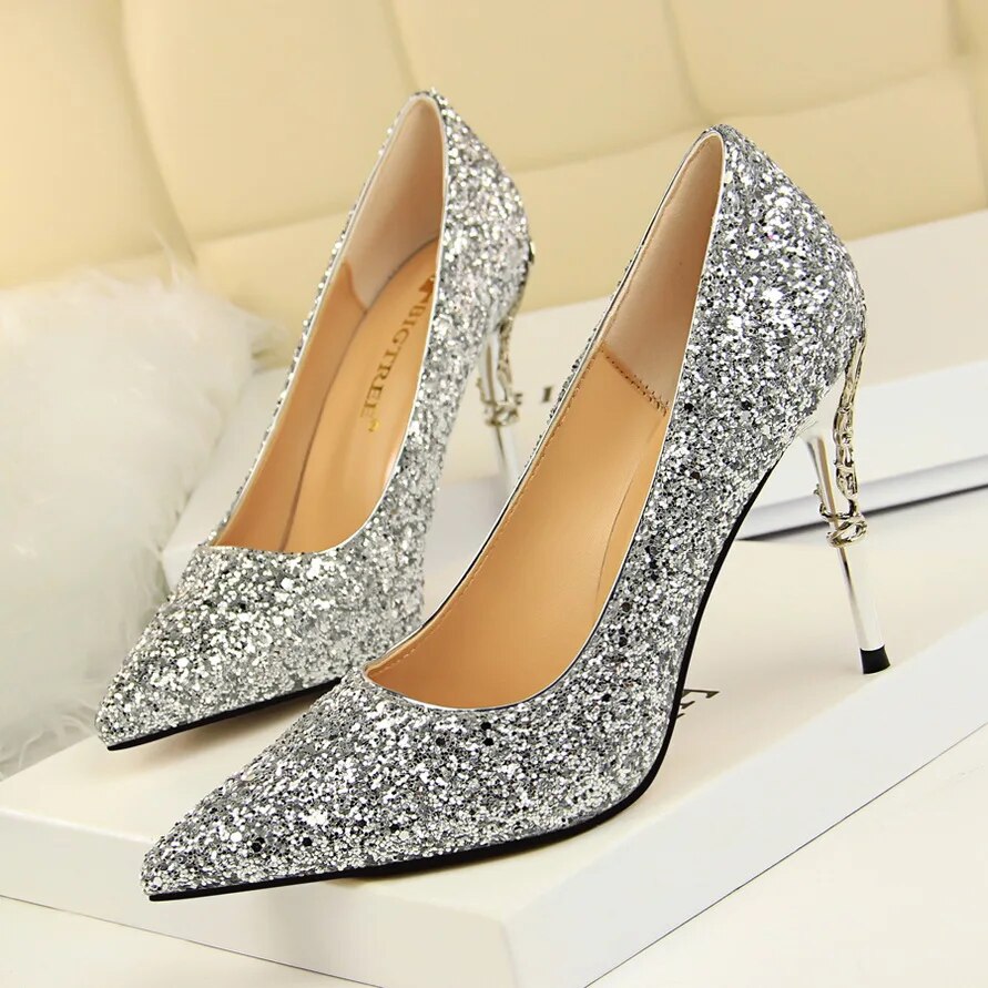 Ddbos Women 9.5cm High Heels Pumps Lady Stiletto Wedding Bridal Gold Silver Heels Nightclub Office Party Sparkly Sequins Bling Shoes