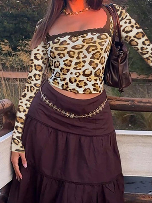 Ddbos - Leopard Print Lace Long Sleeve Top